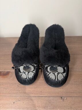 Coach Black Suede Shearling Signature Jacquard Moccasins